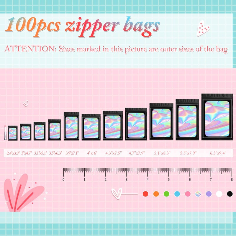 Funfery 100 pcs Black Mylar Holographic Resealable Bags,Clear Packaging Bag Odor Proof Foil Pouch Bag for Food Storage, Lipgloss, Jewelry, Eyelash Packaging for Small Business - 3x4.7 Inch - Image 4
