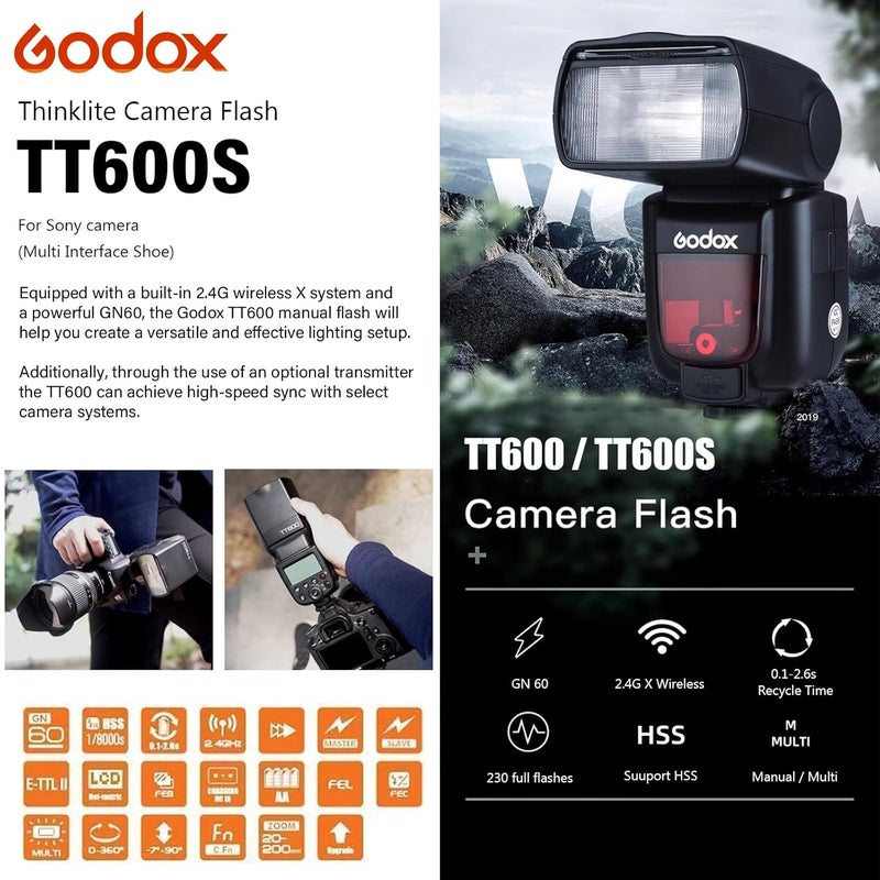 Godox TT600 Manual Speedlite Flash with Built-in 2.4GHz X Series Radio Transceivers for All Digital Cameras with Standard Hot Shoe (Black) - Image 2