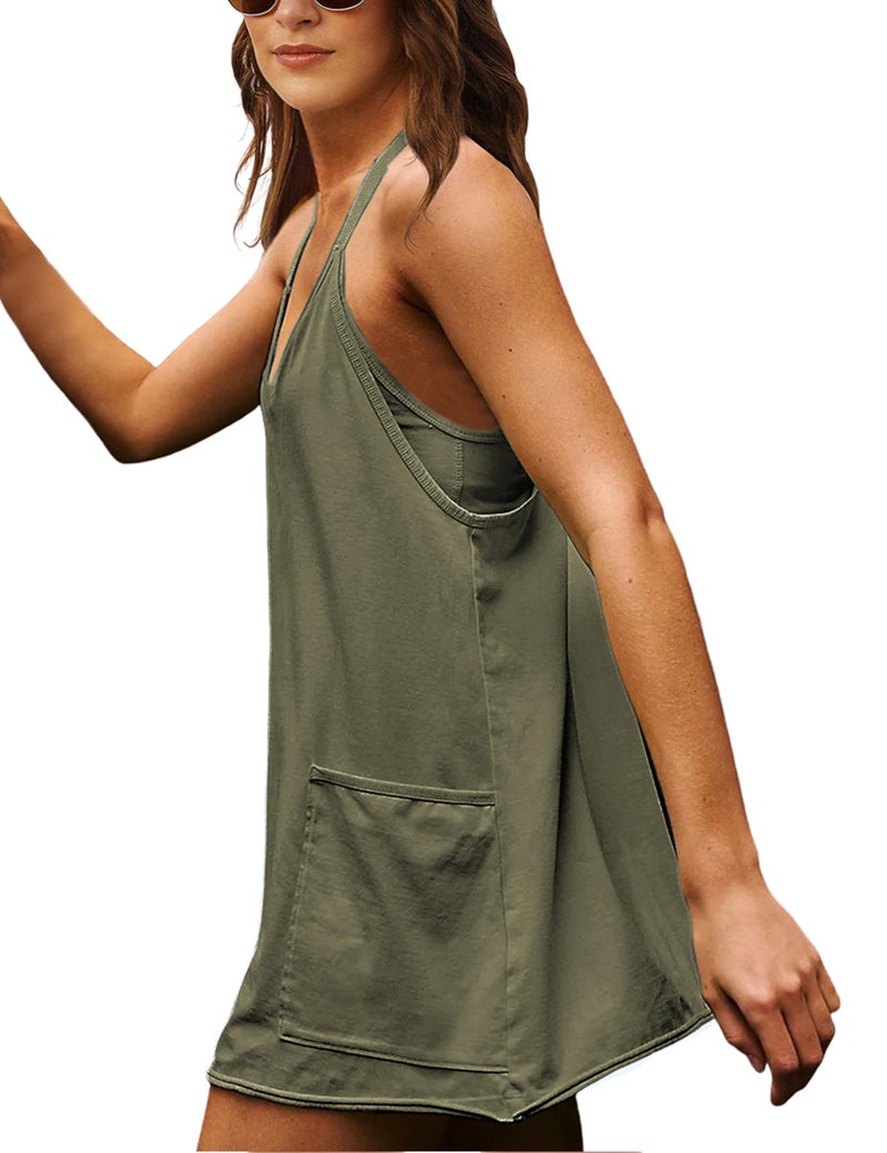 Lentta Womens Athletic Sleeveless Mini Dress with Built-in Shorts V Neck Spaghetti Strap Sundress(ArmyGreen-XS) - Image 3