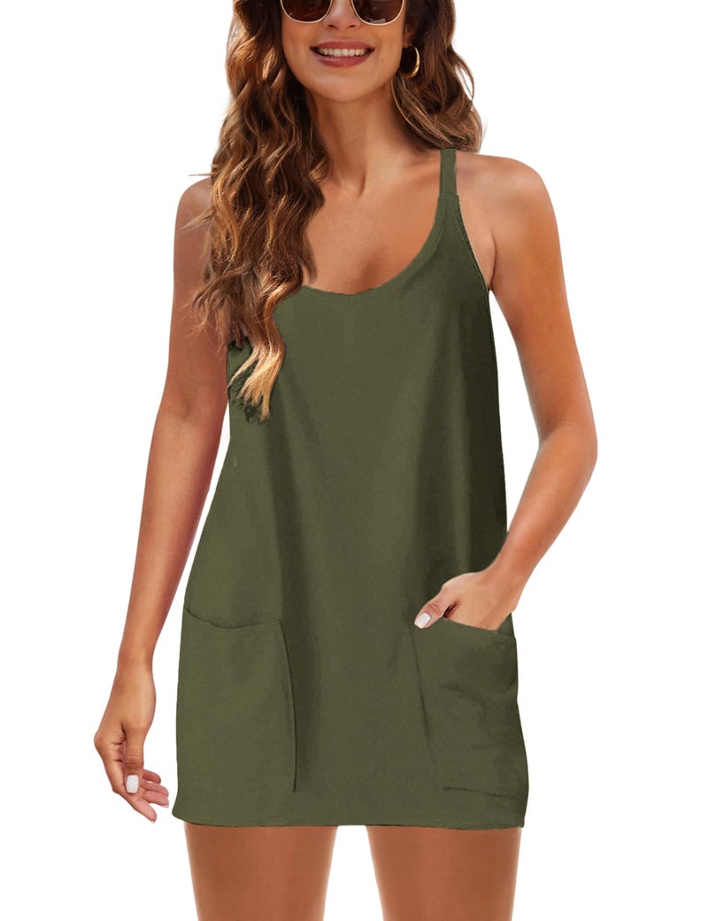Lentta Womens Athletic Sleeveless Mini Dress with Built-in Shorts V Neck Spaghetti Strap Sundress(ArmyGreen-XS) - Image 4