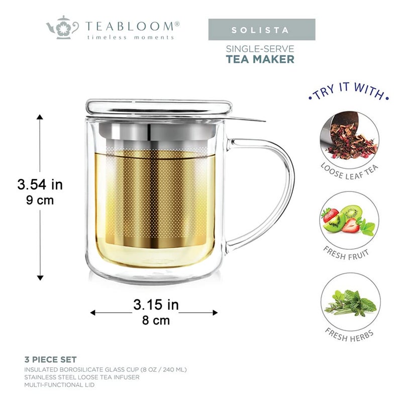 Teabloom Personal Tea Maker - Insulated Heatproof Glass Cup with Loose Tea Infuser and Lid/Coaster - Borosilicate Glass Infusion Mug (8 Oz) - Image 4