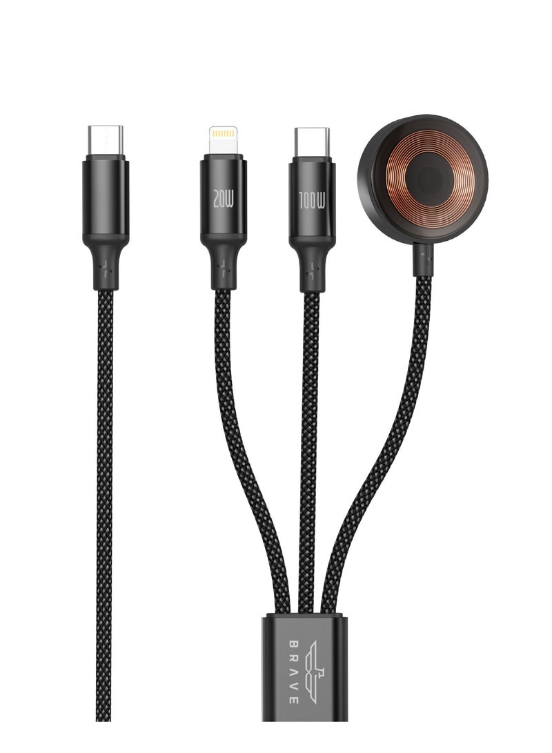 Brave 3-in-1 Fast Charging Cable for Apple and Android Devices - 100W USB-C to USB-C Power, 20W Type-C to Lightning Charging, and 2.5W Wireless Charging for Apple Watch (USB-C to Apple Watch), 1.2m Length with Nylon Braided Cable, 480Mbps Data Transfer Speed ​​- Compatible with iPhone Air, iPhone 17/17 Pro/17 Pro Max, 16, 15, 14, 13, 12, Apple Watch Series 11/10/9/8/7/6/SE, MacBook Air/Pro, iPad Pro/Air, and Samsung Galaxy S25/S24/S23/S22 Ultra - Image 1