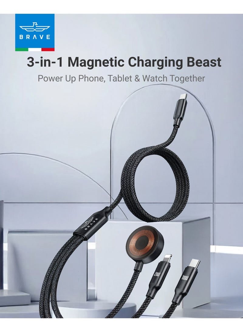 Brave 3-in-1 Fast Charging Cable for Apple and Android Devices - 100W USB-C to USB-C Power, 20W Type-C to Lightning Charging, and 2.5W Wireless Charging for Apple Watch (USB-C to Apple Watch), 1.2m Length with Nylon Braided Cable, 480Mbps Data Transfer Speed ​​- Compatible with iPhone Air, iPhone 17/17 Pro/17 Pro Max, 16, 15, 14, 13, 12, Apple Watch Series 11/10/9/8/7/6/SE, MacBook Air/Pro, iPad Pro/Air, and Samsung Galaxy S25/S24/S23/S22 Ultra - Image 2
