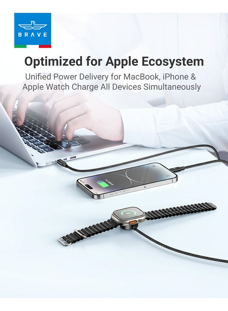 Brave 3-in-1 Fast Charging Cable for Apple and Android Devices - 100W USB-C to USB-C Power, 20W Type-C to Lightning Charging, and 2.5W Wireless Charging for Apple Watch (USB-C to Apple Watch), 1.2m Length with Nylon Braided Cable, 480Mbps Data Transfer Speed ​​- Compatible with iPhone Air, iPhone 17/17 Pro/17 Pro Max, 16, 15, 14, 13, 12, Apple Watch Series 11/10/9/8/7/6/SE, MacBook Air/Pro, iPad Pro/Air, and Samsung Galaxy S25/S24/S23/S22 Ultra - Image 3