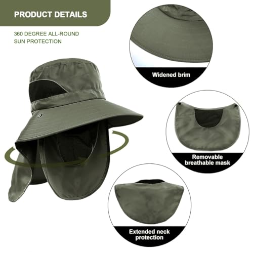 Oligitdi Outdoor Sun Hat with Mesh Neck Cover Beach Fishing Hat, Summer Hat for Men, Round Sun Cap for Hiking, Fishing, Gardning, Travel, Grey (in, Alpha, Free Size, Olive Green) - Image 3