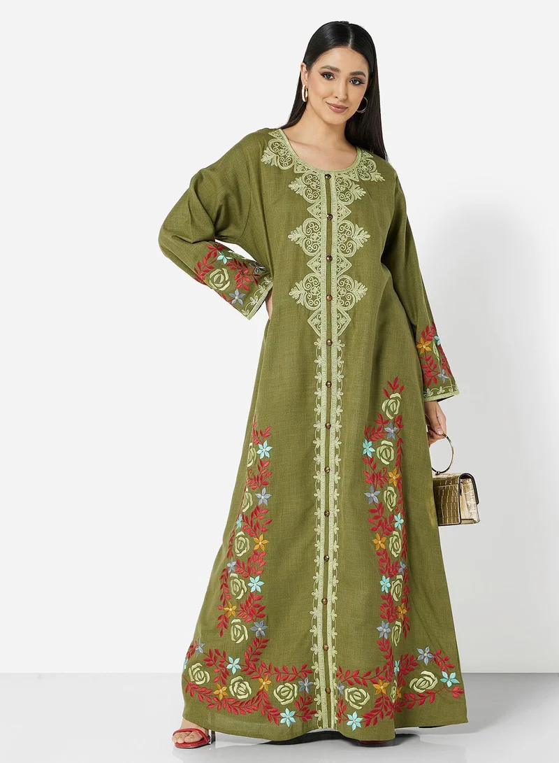 HANA & SARA HIGH QUALITY SLUB RAYON JALBIYA WITH MULTICOLOR THICK MOROCAN THREAD EMBROIDERY