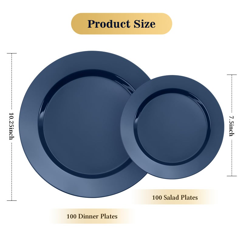 Goodluck 200PCS Navy Blue Plastic Plates, Heavy Duty Disposable Clear Plates with 100 10.25 inch Dinner Plates and 100 7.5 inch Dessert Plates for Party, Holiday, Wedding, Thanksgiving - Image 2