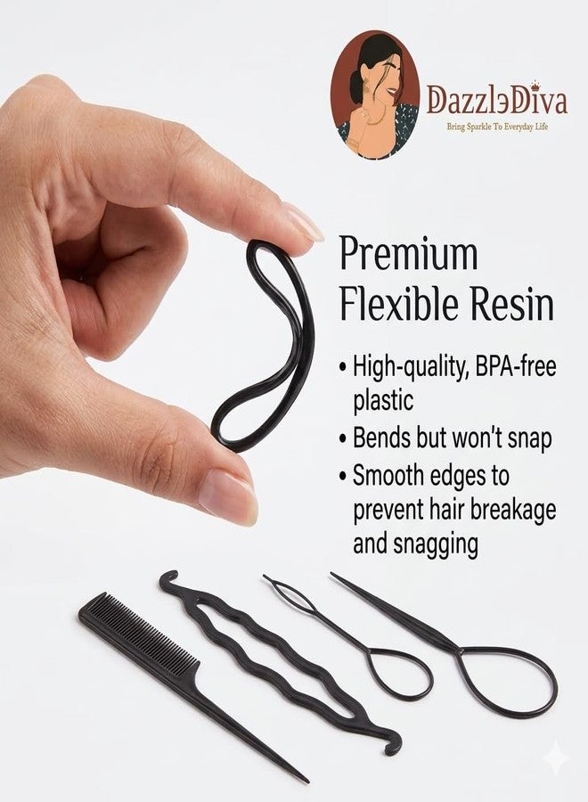 DazzleDiva 4 Pcs Topsy Tail Hair Tool Set - Professional Braiding Kit with French Braid Tool, Tail Comb & Hair Loop Tools - Easy DIY Ponytail Maker for Elegant Updos & Twists - Salon Quality Styling Accessories - Black 4 Pcs - Image 5