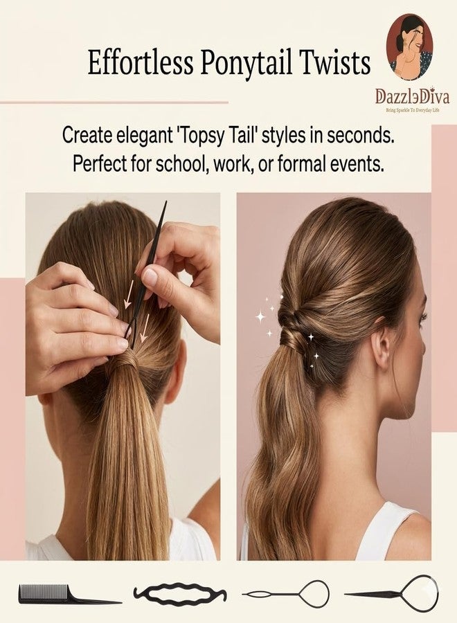 DazzleDiva 4 Pcs Topsy Tail Hair Tool Set - Professional Braiding Kit with French Braid Tool, Tail Comb & Hair Loop Tools - Easy DIY Ponytail Maker for Elegant Updos & Twists - Salon Quality Styling Accessories - Black 4 Pcs - Image 4