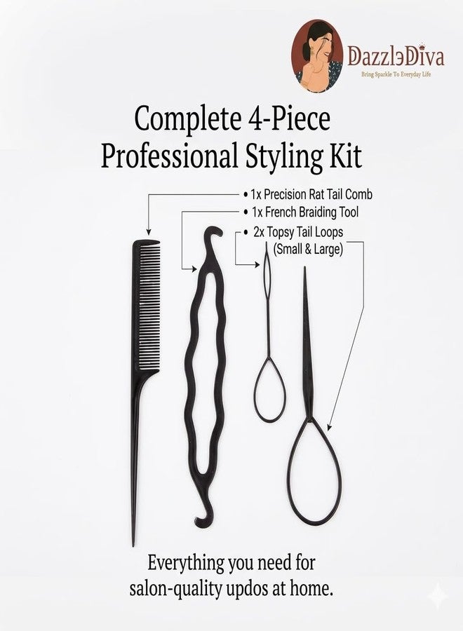 DazzleDiva 4 Pcs Topsy Tail Hair Tool Set - Professional Braiding Kit with French Braid Tool, Tail Comb & Hair Loop Tools - Easy DIY Ponytail Maker for Elegant Updos & Twists - Salon Quality Styling Accessories - Black 4 Pcs - Image 2