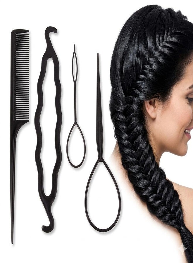 DazzleDiva 4 Pcs Topsy Tail Hair Tool Set - Professional Braiding Kit with French Braid Tool, Tail Comb & Hair Loop Tools - Easy DIY Ponytail Maker for Elegant Updos & Twists - Salon Quality Styling Accessories - Black 4 Pcs - Image 1