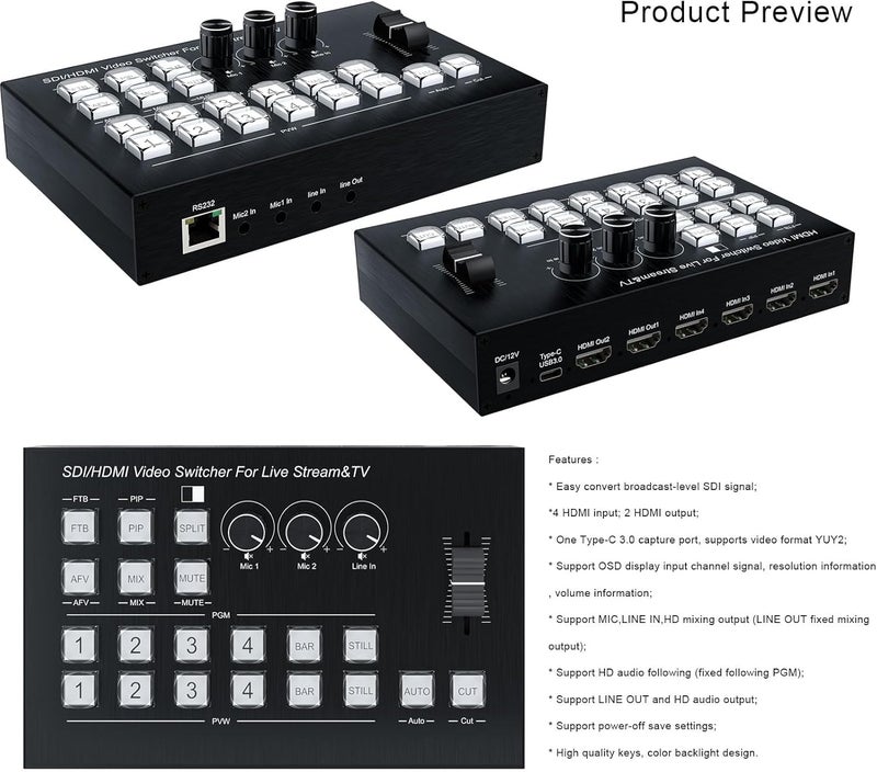atdaraz Live Streaming Video Mixer, 4 HDMI 4 Channel Input Video Switcher 2 Output HDMI Switcher, Support 1080P@60Hz, HDCP 1.4, Digital Audio Mixer Professional Streaming - Image 3