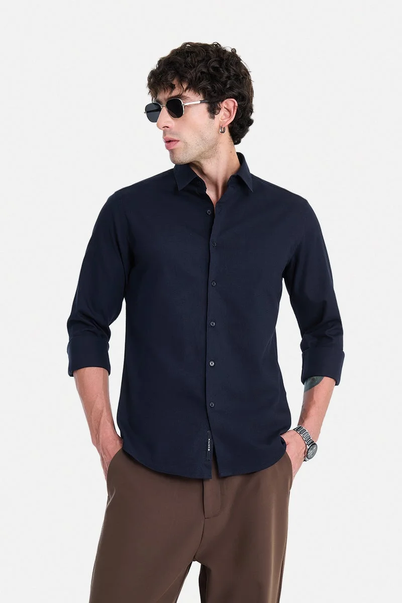 SNITCH Navy Blue Textured Long Sleeve Slim Fit Formal Shirt