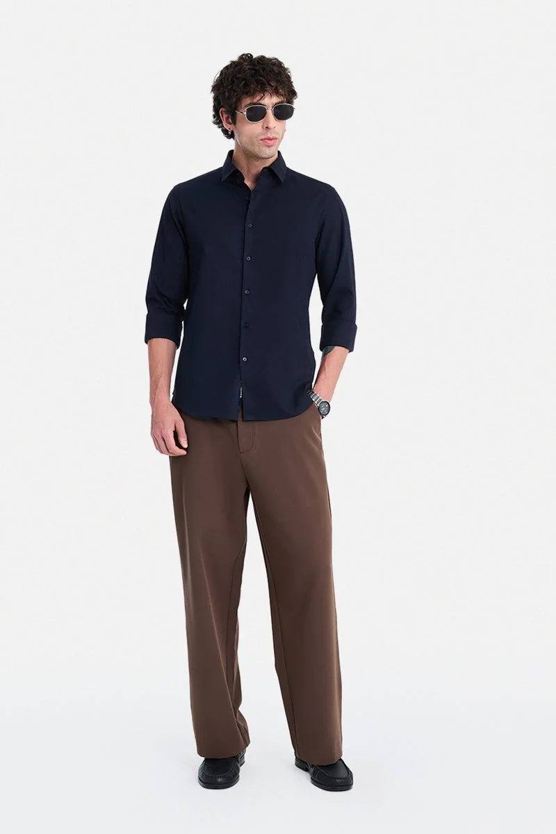 SNITCH Navy Blue Textured Long Sleeve Slim Fit Formal Shirt