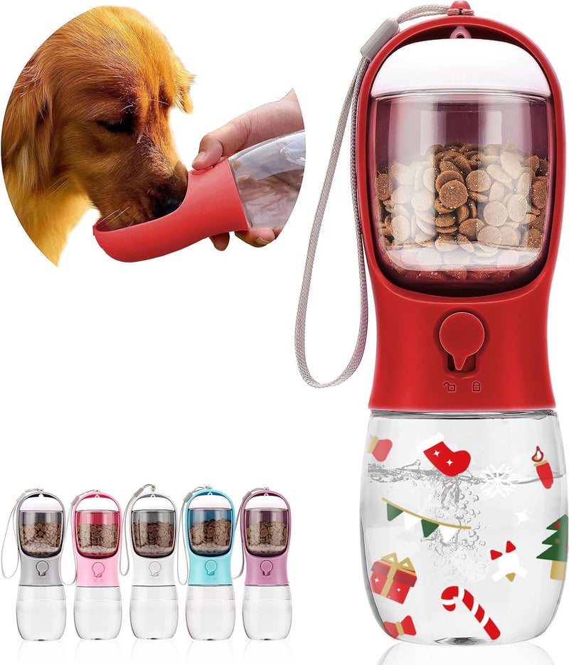AVELORA Christmas Dog Water Bottle with Food Container – 10oz Portable Travel Dispenser for Dogs,Cats,and Pets – Holiday Edition for Hiking, Walking & Travel – Easy to Clean & Includes Carbon Filter - Image 1