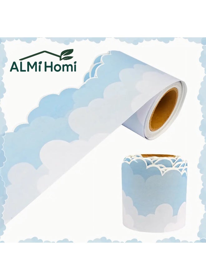 1 Roll 10m Cloud Border Bulletin Board Sticker – Light Blue Sky Self-Adhesive Wall Trim for Classroom, Kids Room, School Chalkboard, Office or Window Decor – Easy Peel, Cute Cloud Lace Pattern - Image 1