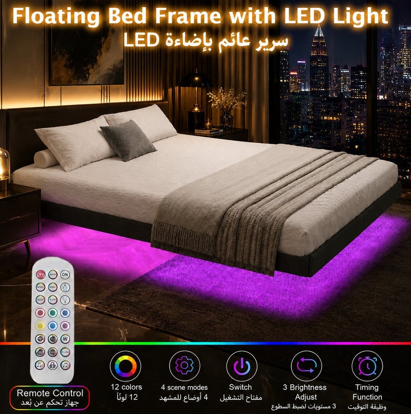 يانارا إطار سرير عائم مع محيط مغلف وإضاءة LED، سرير منصة معدني بمقاس توين/كوين/كينج مع تخزين تحت السرير، دعامات شرائح فولاذية متينة، لا حاجة لصندوق زنبركي، خالٍ من الضوضاء، تركيب سهل، رمادي - Image 4