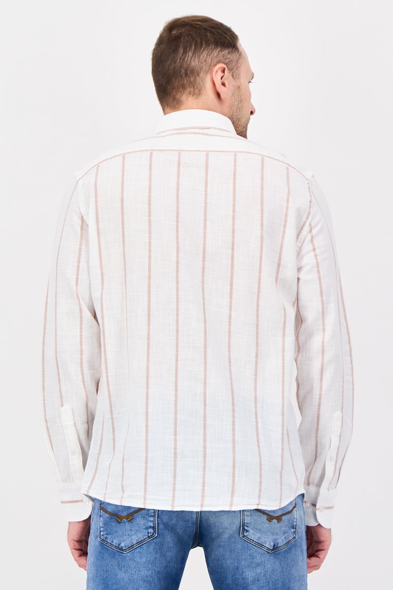 Nautica Jeans Men Regular Fit Long Sleeve Stripe Casual Shirt, White - Image 4