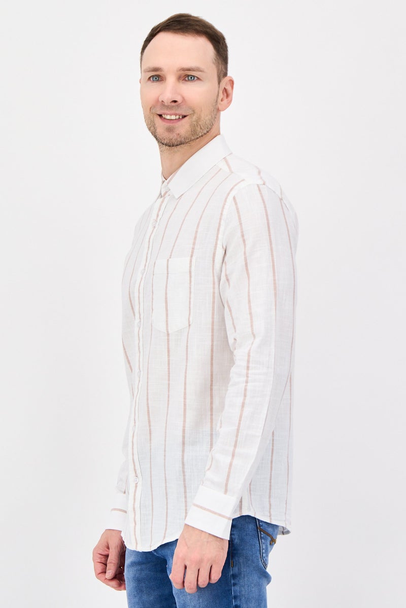 Nautica Jeans Men Regular Fit Long Sleeve Stripe Casual Shirt, White - Image 3