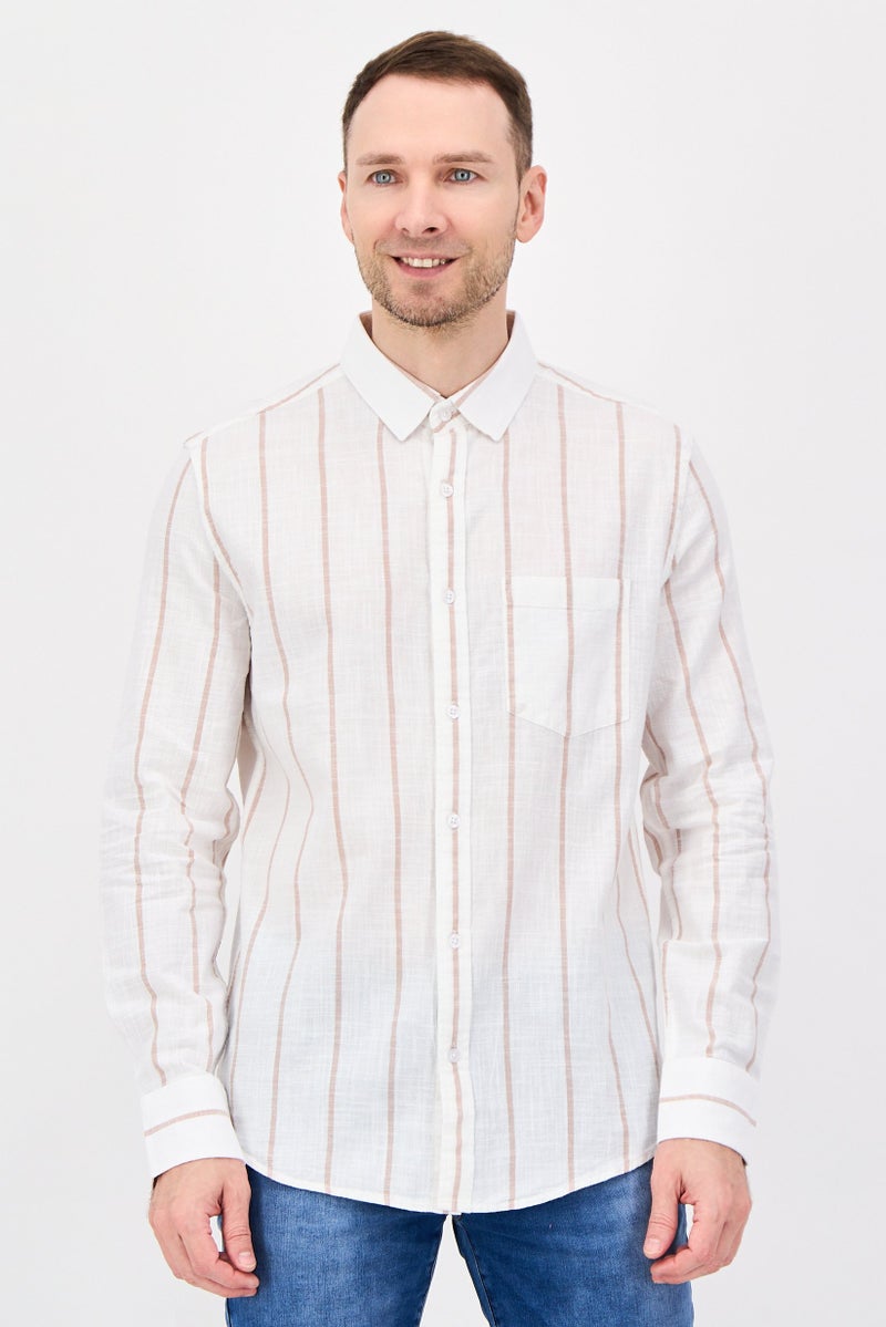 Nautica Jeans Men Regular Fit Long Sleeve Stripe Casual Shirt, White - Image 1