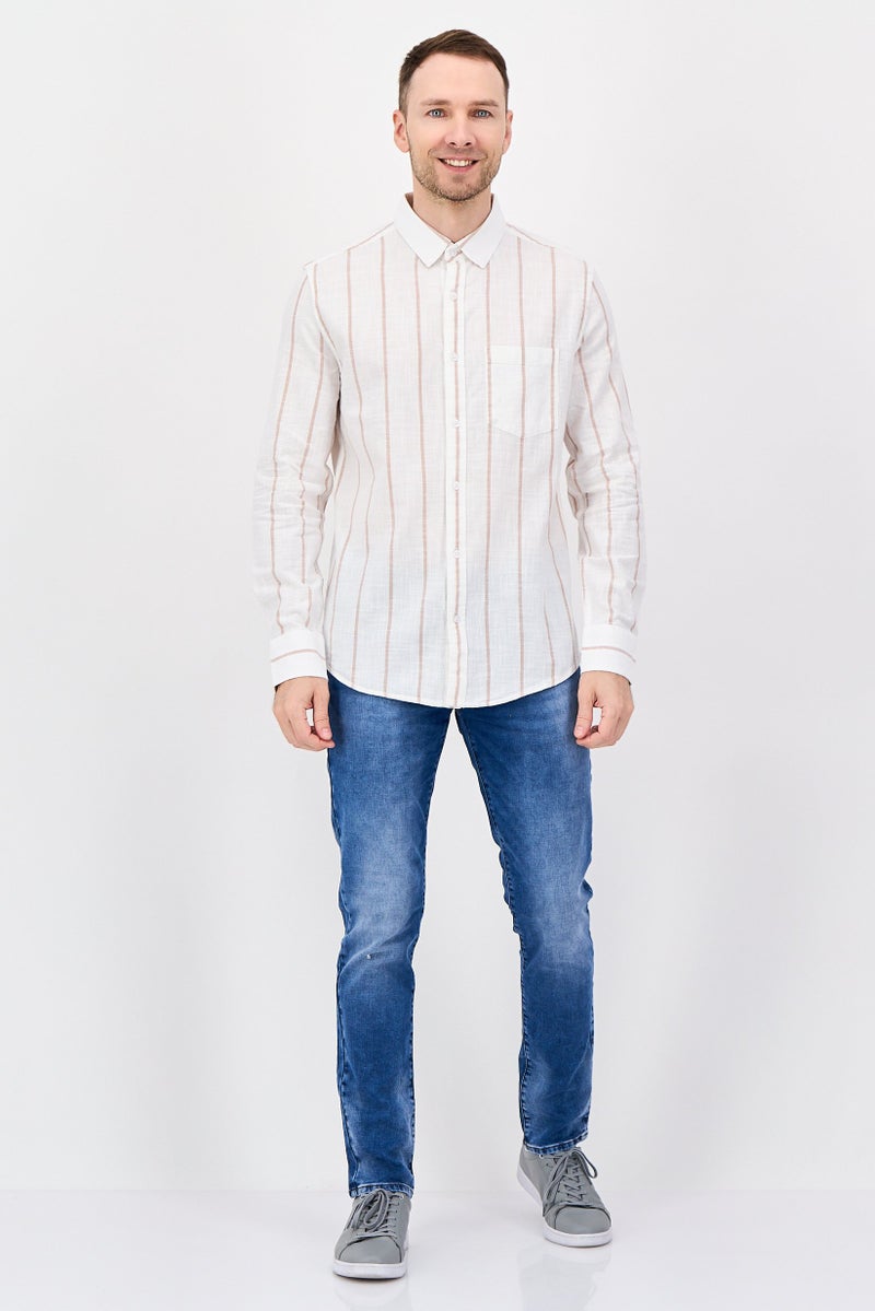 Nautica Jeans Men Regular Fit Long Sleeve Stripe Casual Shirt, White - Image 2