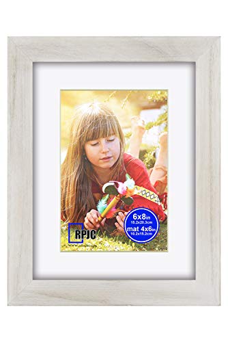RPJC 6x8 inch Picture Frame Made of Solid Wood and High Definition Glass Display Pictures 4x6 with Mat or 6x8 Without Mat for Wall Mounting Photo Frame Rustic White