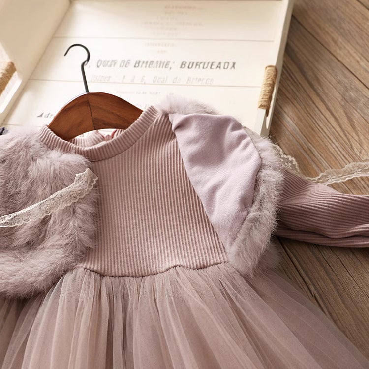 6028 Children'S Children'S Clothing Girls' Faux Mink Velvet Fake Two-Piece Baby Fleece-Lined Princess Dress Dress - Image 3