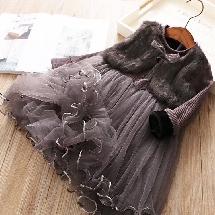 6028 Children'S Children'S Clothing Girls' Faux Mink Velvet Fake Two-Piece Baby Fleece-Lined Princess Dress Dress - Image 4
