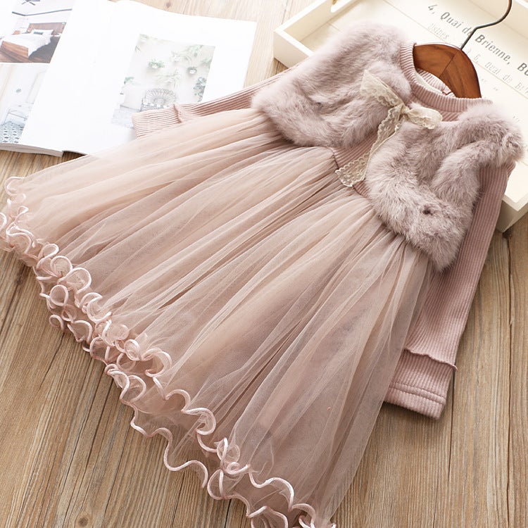 6028 Children'S Children'S Clothing Girls' Faux Mink Velvet Fake Two-Piece Baby Fleece-Lined Princess Dress Dress - Image 2