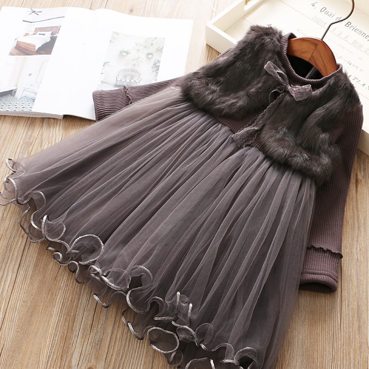 6028 Children'S Children'S Clothing Girls' Faux Mink Velvet Fake Two-Piece Baby Fleece-Lined Princess Dress Dress - Image 1