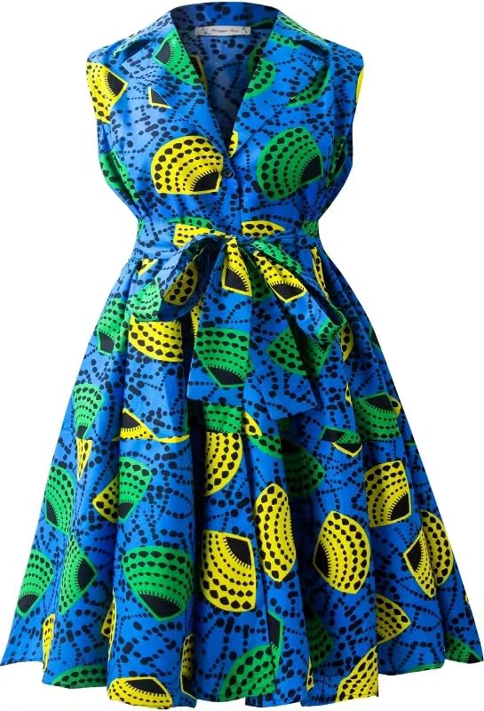 HongyuAmy African Print Sleeveless Dress Ankara Laceup Dress Wax Fashion Dress 3XLarge Color C
