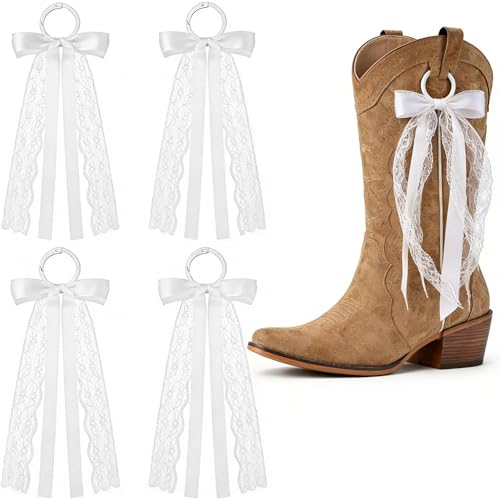FineCheer 4 Pcs White Ribbon Boot Bow for Cowgirl Boots Lace Bows Clip Decor Removable for Wedding Women DIY Bridal Shower Reception Accessory Supplies Gifts - Image 1