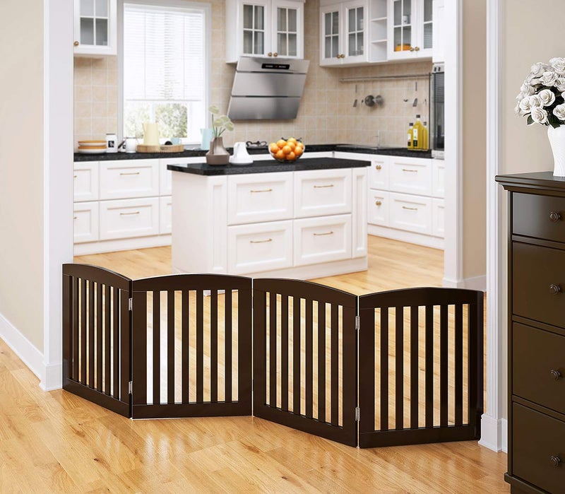 PAWLAND Wooden Freestanding Foldable Pet Gate for Dogs 24 inch 4 Panels Step Over Fence Dog Gate for The House Doorway Stairs Extra Wide Espresso 24 Height4 Panels