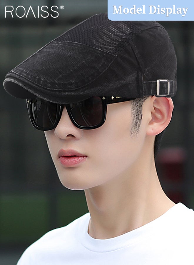 roaiss Adjustable Newsboy Cap for Men Vintage Beret Flat Cap Breathable Mesh Hat Mens Summer Cotton Hat Golf Fishing Hats Irish Hat (Black, One Size)  - Image 2