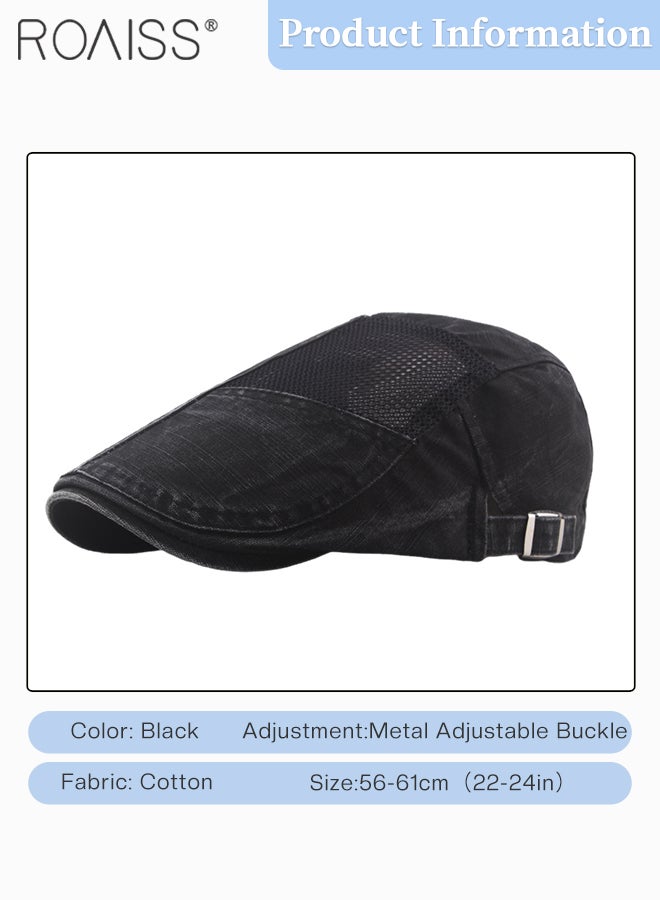 roaiss Adjustable Newsboy Cap for Men Vintage Beret Flat Cap Breathable Mesh Hat Mens Summer Cotton Hat Golf Fishing Hats Irish Hat (Black, One Size)  - Image 3