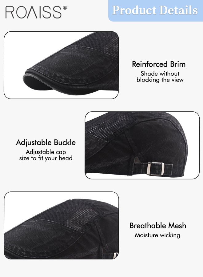 roaiss Adjustable Newsboy Cap for Men Vintage Beret Flat Cap Breathable Mesh Hat Mens Summer Cotton Hat Golf Fishing Hats Irish Hat (Black, One Size)  - Image 5