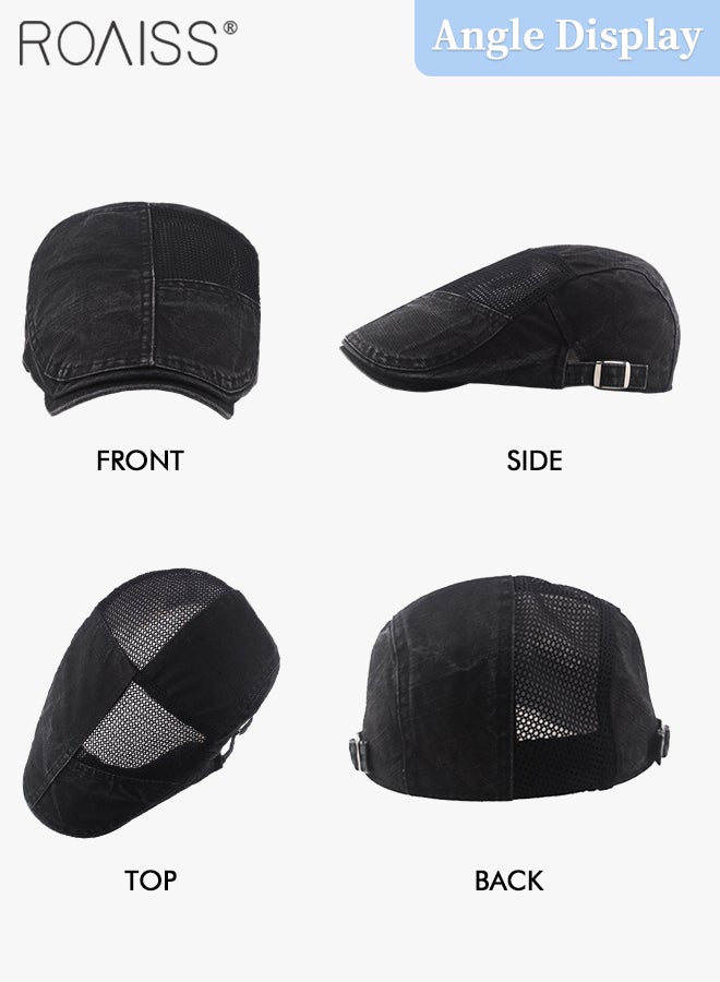 roaiss Adjustable Newsboy Cap for Men Vintage Beret Flat Cap Breathable Mesh Hat Mens Summer Cotton Hat Golf Fishing Hats Irish Hat (Black, One Size)  - Image 4