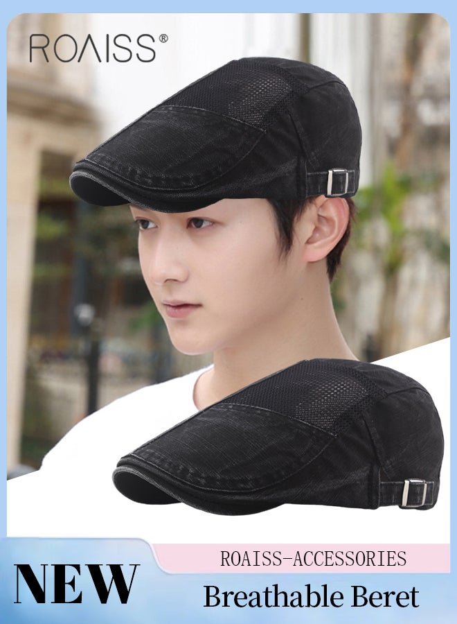 roaiss Adjustable Newsboy Cap for Men Vintage Beret Flat Cap Breathable Mesh Hat Mens Summer Cotton Hat Golf Fishing Hats Irish Hat (Black, One Size)  - Image 1