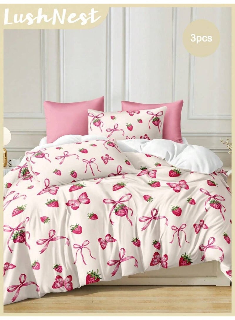 3-Piece White Bedding Set with Strawberry and Ribbon Design – 200×150 cm Soft Duvet Cover and Pillowcases - Image 1