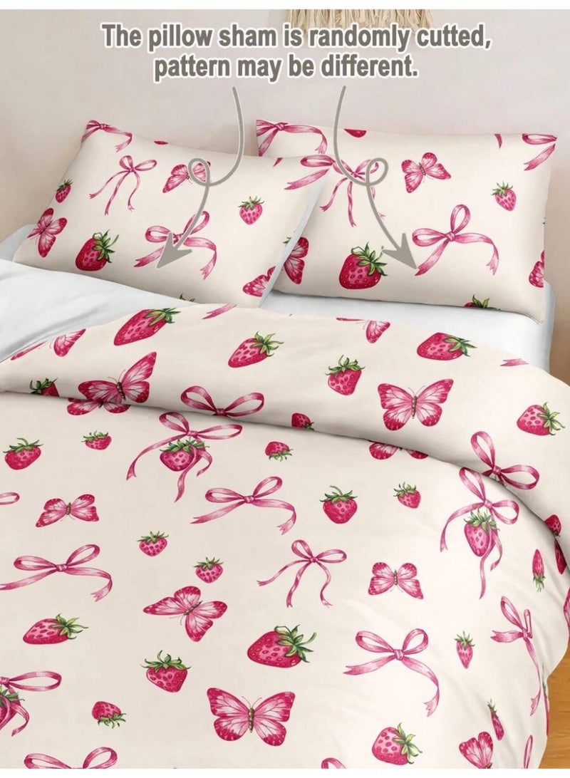 3-Piece White Bedding Set with Strawberry and Ribbon Design – 200×150 cm Soft Duvet Cover and Pillowcases - Image 4