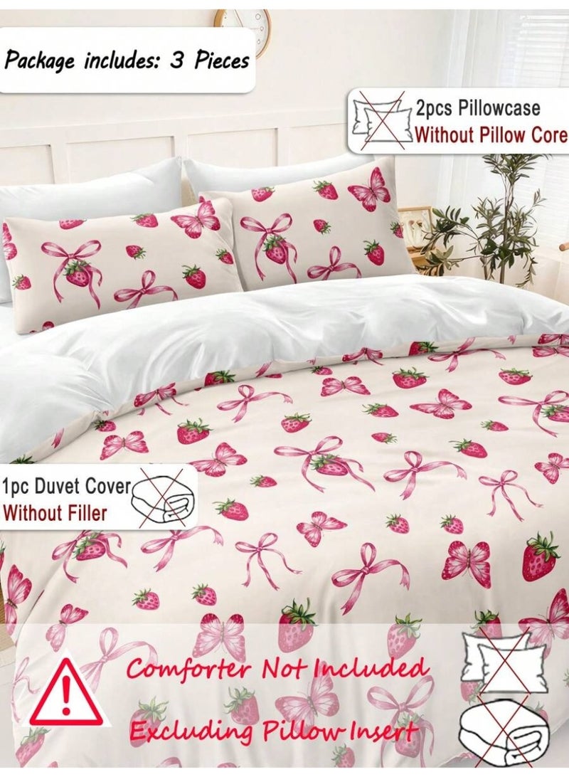 3-Piece White Bedding Set with Strawberry and Ribbon Design – 200×150 cm Soft Duvet Cover and Pillowcases - Image 2