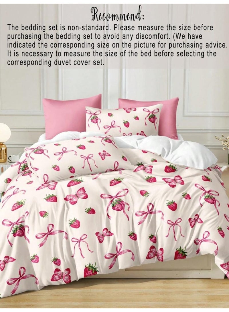 3-Piece White Bedding Set with Strawberry and Ribbon Design – 200×150 cm Soft Duvet Cover and Pillowcases - Image 3