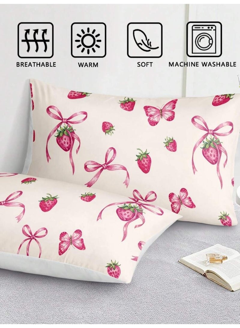 3-Piece White Bedding Set with Strawberry and Ribbon Design – 200×150 cm Soft Duvet Cover and Pillowcases - Image 5