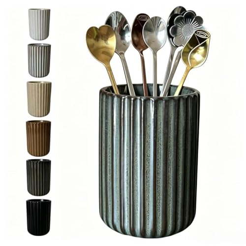 TOPYOKK Stoneware Coffee Bar Utensil Holder Tea & Coffee Spoon & Stirrer Holder for Stir Stick Straw Teaspoon Holder Spoon Cup Small Utensil Jar Fluted Vertical Stripe (Bronze) - Image 1