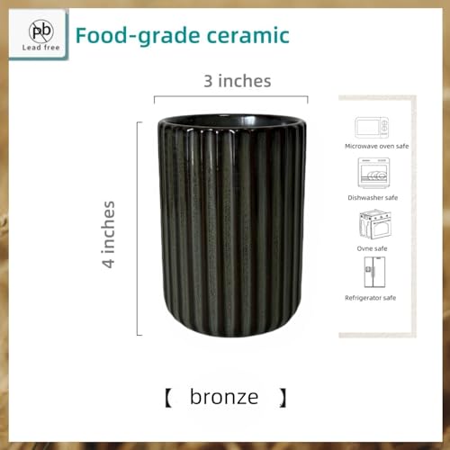 TOPYOKK Stoneware Coffee Bar Utensil Holder Tea & Coffee Spoon & Stirrer Holder for Stir Stick Straw Teaspoon Holder Spoon Cup Small Utensil Jar Fluted Vertical Stripe (Bronze) - Image 5