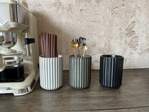 TOPYOKK Stoneware Coffee Bar Utensil Holder Tea & Coffee Spoon & Stirrer Holder for Stir Stick Straw Teaspoon Holder Spoon Cup Small Utensil Jar Fluted Vertical Stripe (Bronze) - Image 2