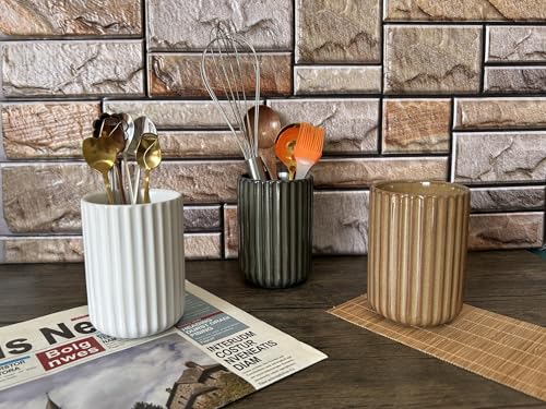 TOPYOKK Stoneware Coffee Bar Utensil Holder Tea & Coffee Spoon & Stirrer Holder for Stir Stick Straw Teaspoon Holder Spoon Cup Small Utensil Jar Fluted Vertical Stripe (Bronze) - Image 3