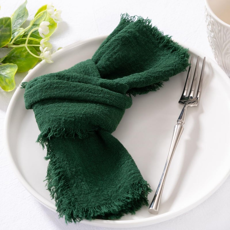 MLMC 6 Pack Emerald Green Linen Napkins Boho Washable Cloth Napkins with Fringe Reusable Rustic Gauze Dinner Table Decor 1717 for Wedding Bridal Baby Shower Party Decor - Image 2