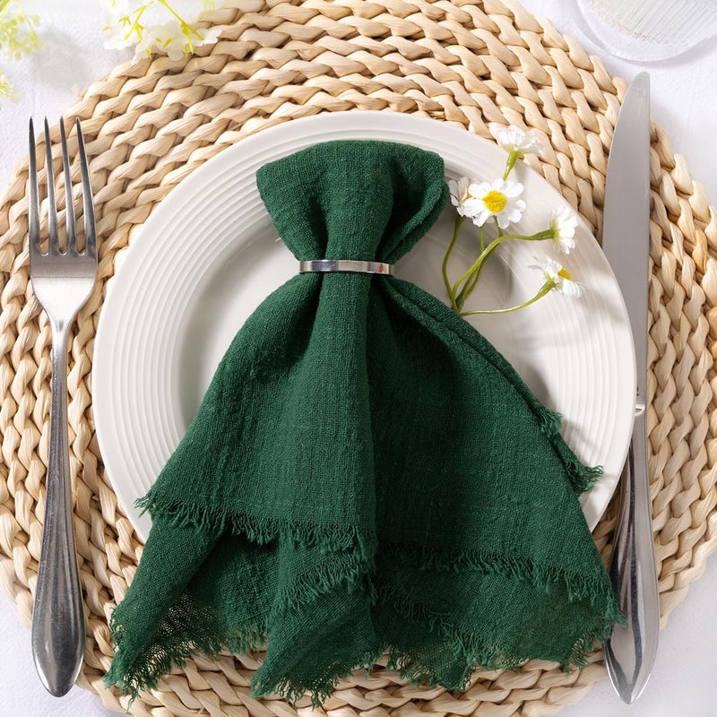 MLMC 6 Pack Emerald Green Linen Napkins Boho Washable Cloth Napkins with Fringe Reusable Rustic Gauze Dinner Table Decor 1717 for Wedding Bridal Baby Shower Party Decor - Image 1