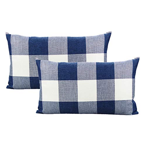 VAKADO 12x20 inch Pack of 2 Lumbar Buffalo Plaid Throw Pillow Covers Decorative Rectangle Farmhouse Retro Cushion Cases Home Decor for Couch Sofa Patio Blue and White